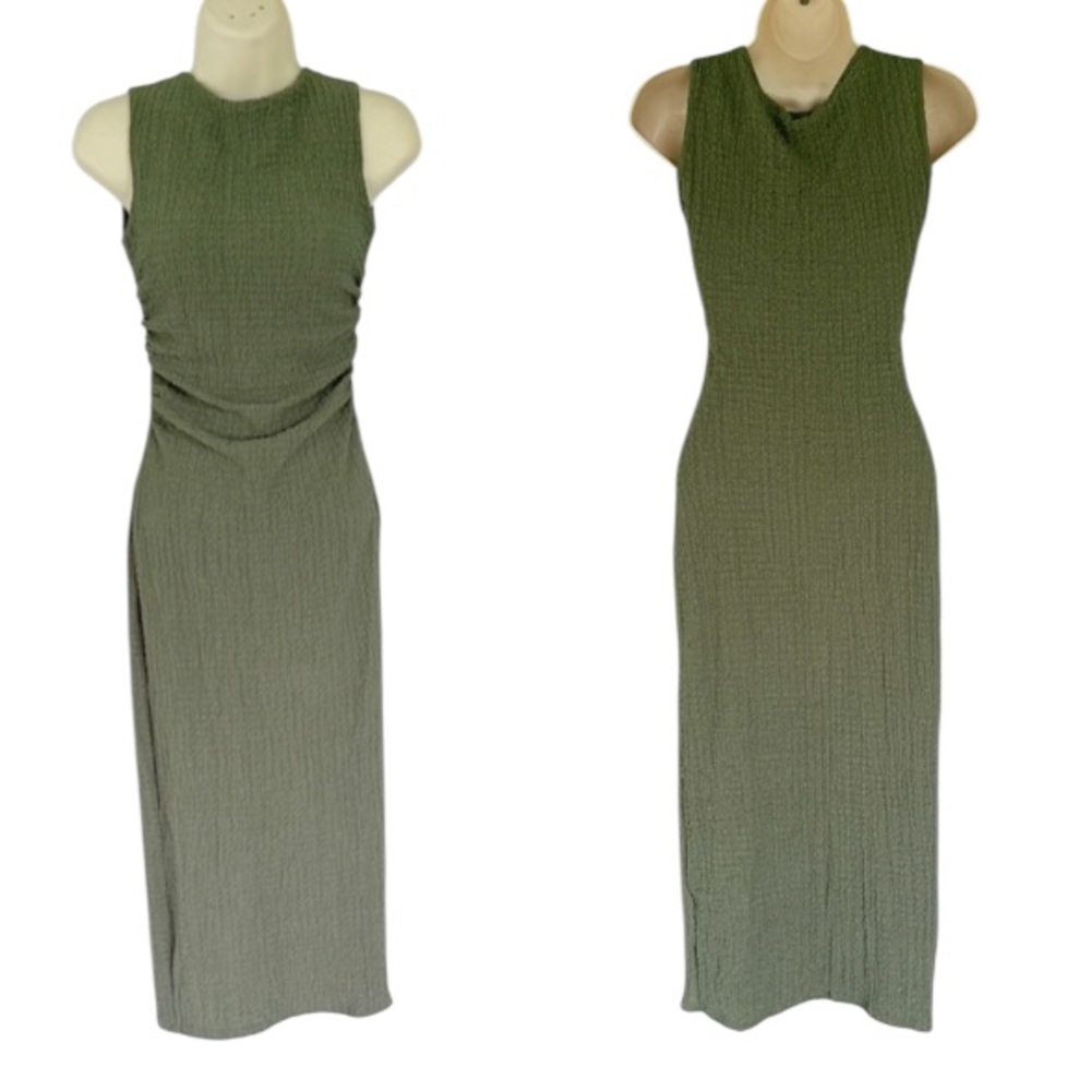 See You Monday sage green sleeveless ruched midi length bodycon dress size small